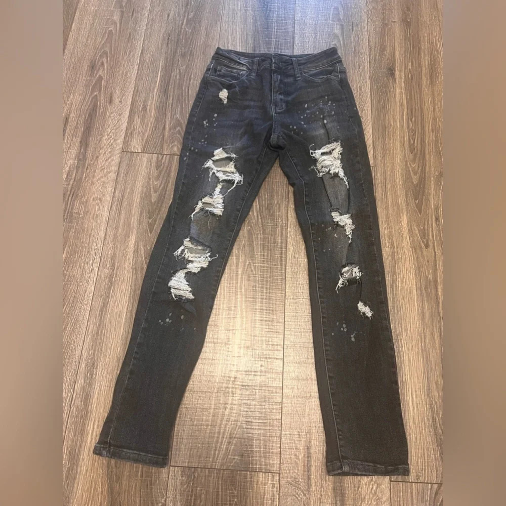 Judy Blue Women’s Black Paint Distressed Boyfriend Fit Jeans Size 0 / 24